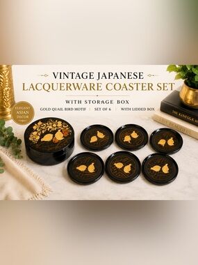 Vintage Japanese Lacquerware Coasters Box Set Gold Quail Bird Black Set 5